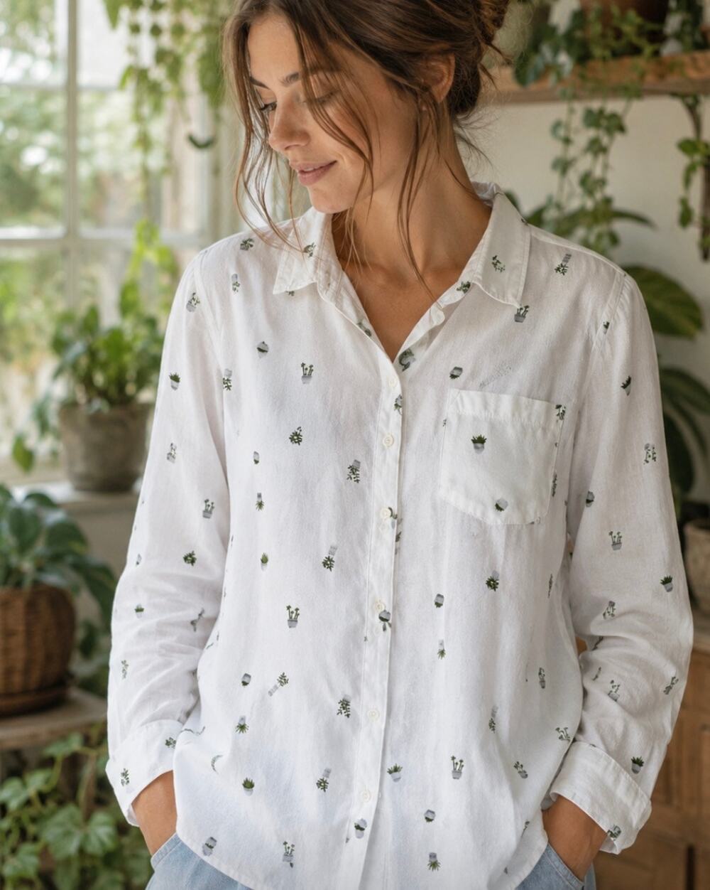 Old Navy Classic Button Up White Plant Print Shirt Women’s Long Sleeve garden S